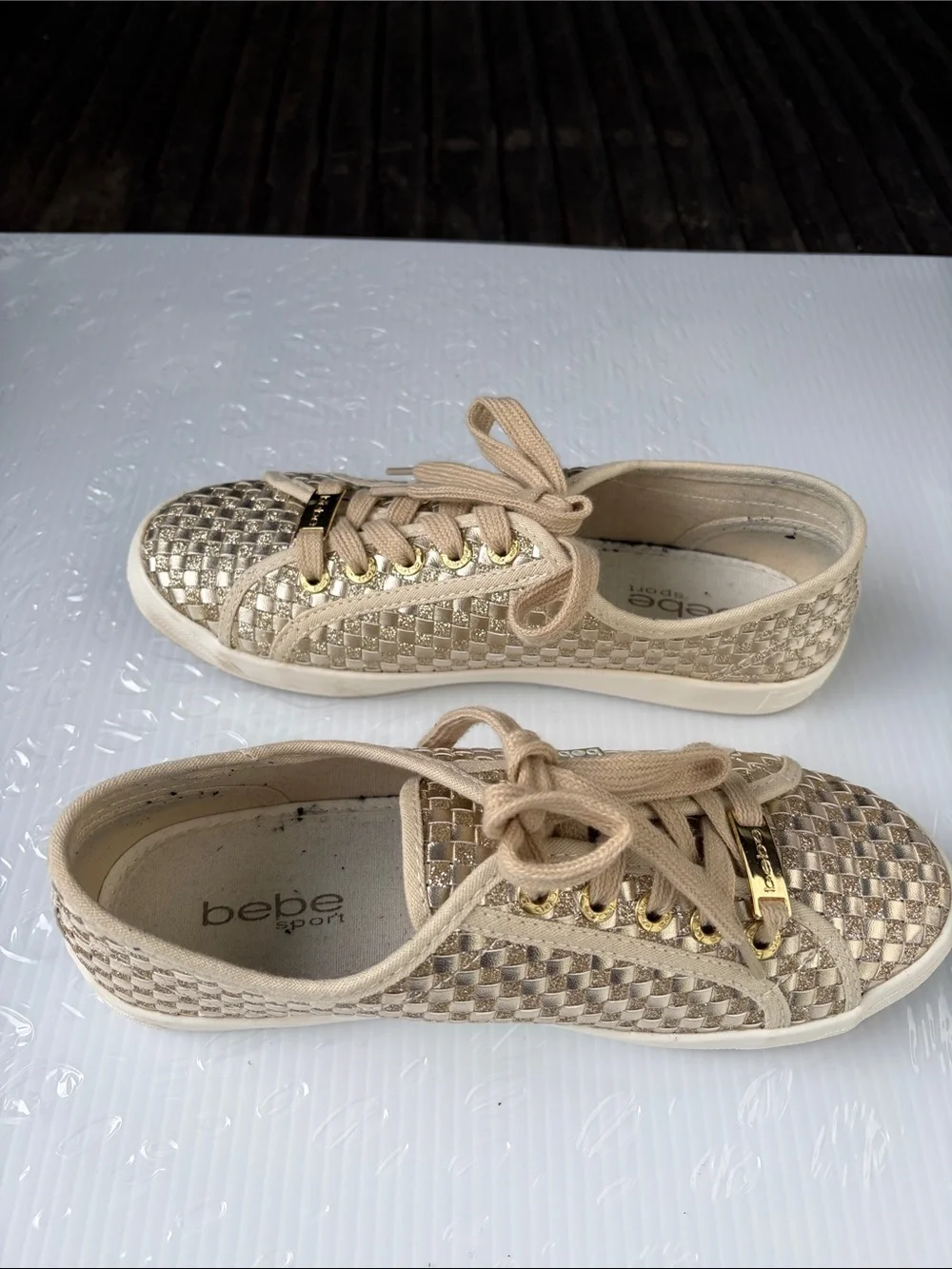 bebe Metallic Beige Woven Lace-Up Sneakers with Gold Accents